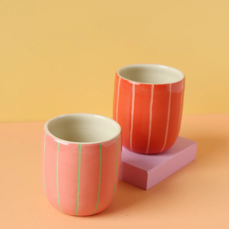 Red + Pink Small Ceramic Tumbler - Stripes