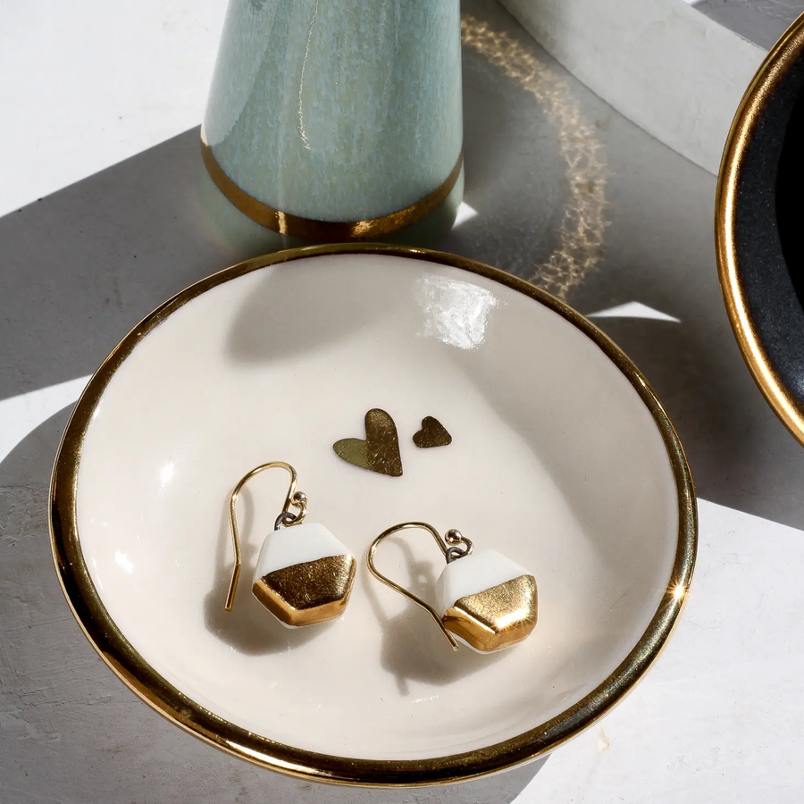 Double Heart Ring Dish - Porcelain + 22ky Gold Luster
