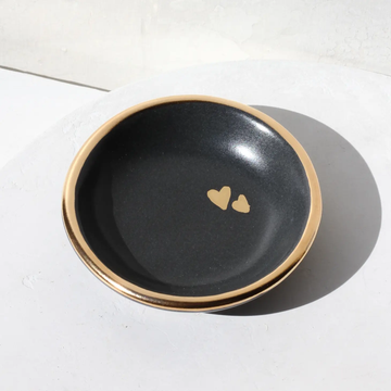 Charcoal Double Heart Ring Dish - Porcelain + 22ky Gold Luster