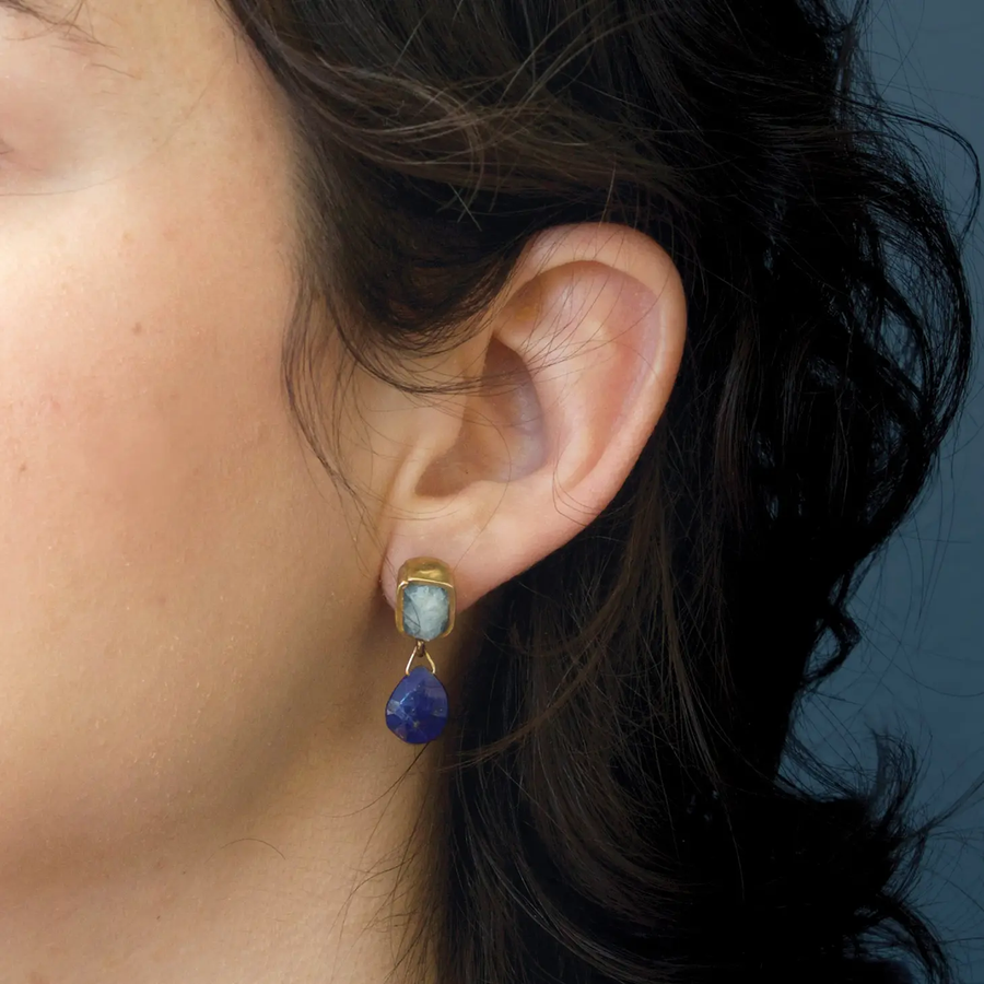 Wave Earrings - Gold Fill, Brass, Lapis + Aquamarine