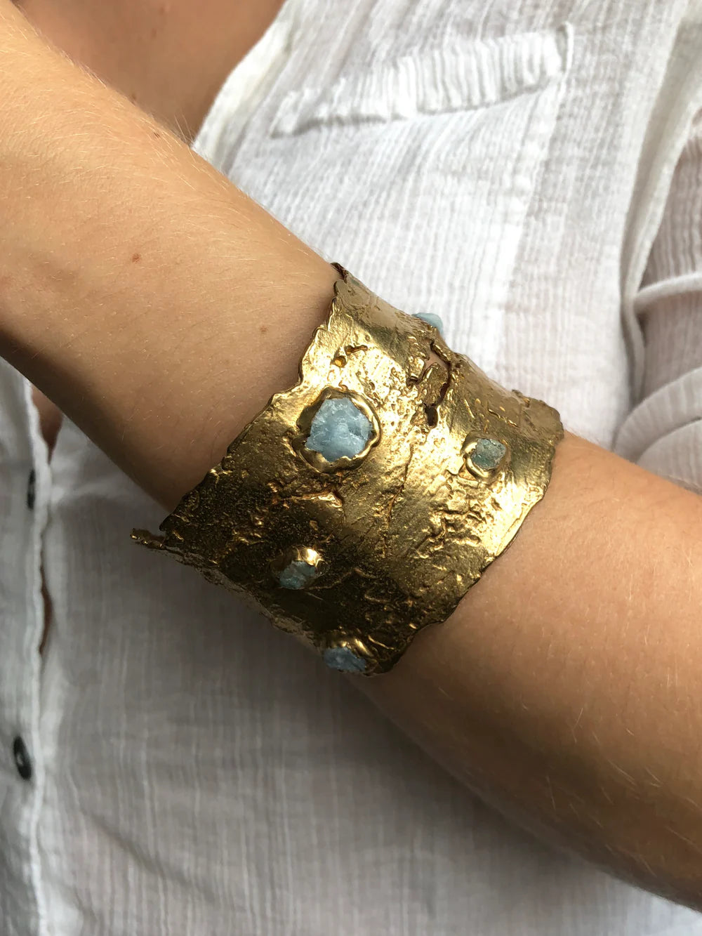 Kindling Cuff - Brass, Aquamarine, Emerald + Tanzanite