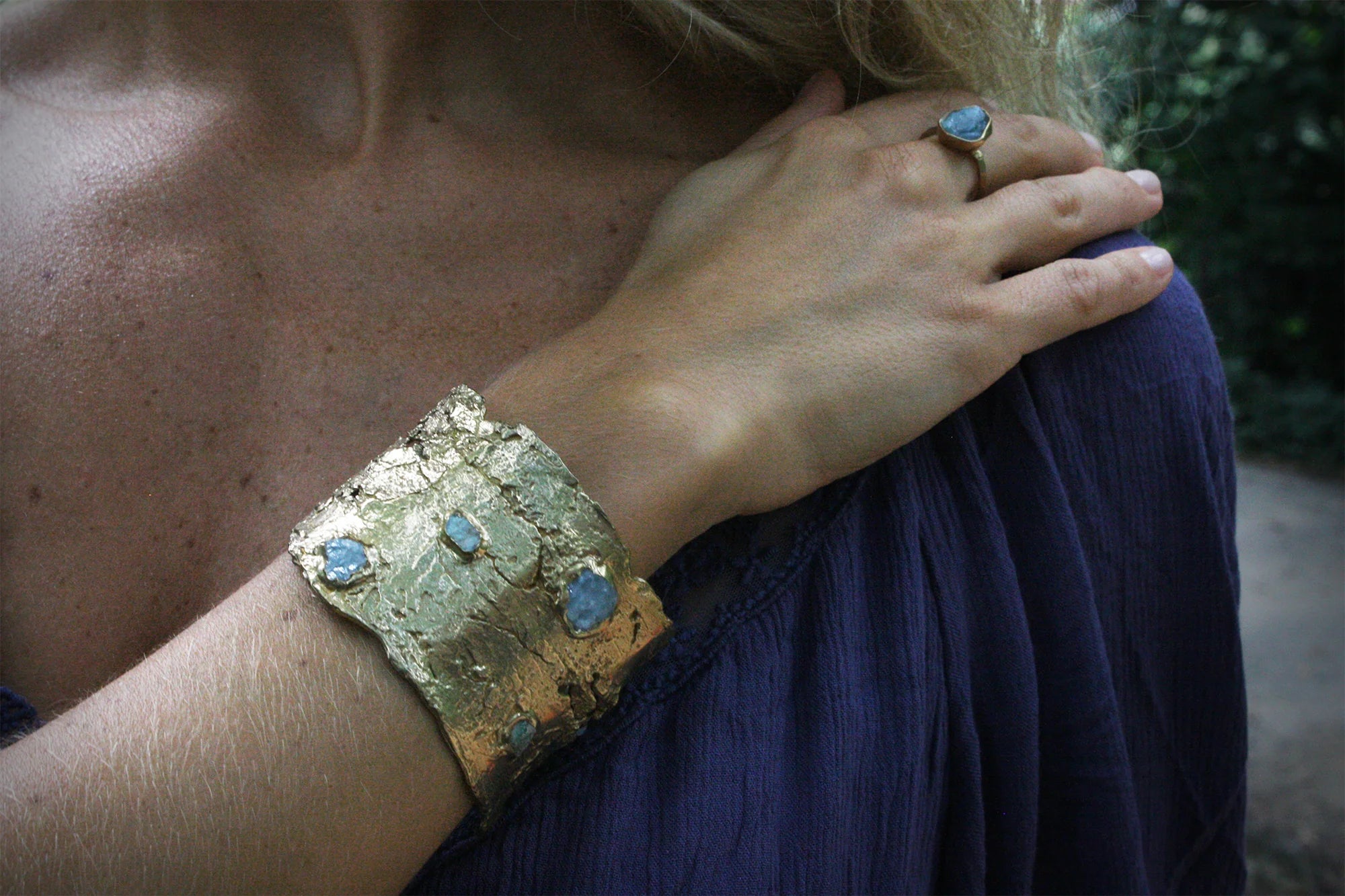 Kindling Cuff - Brass, Aquamarine, Emerald + Tanzanite