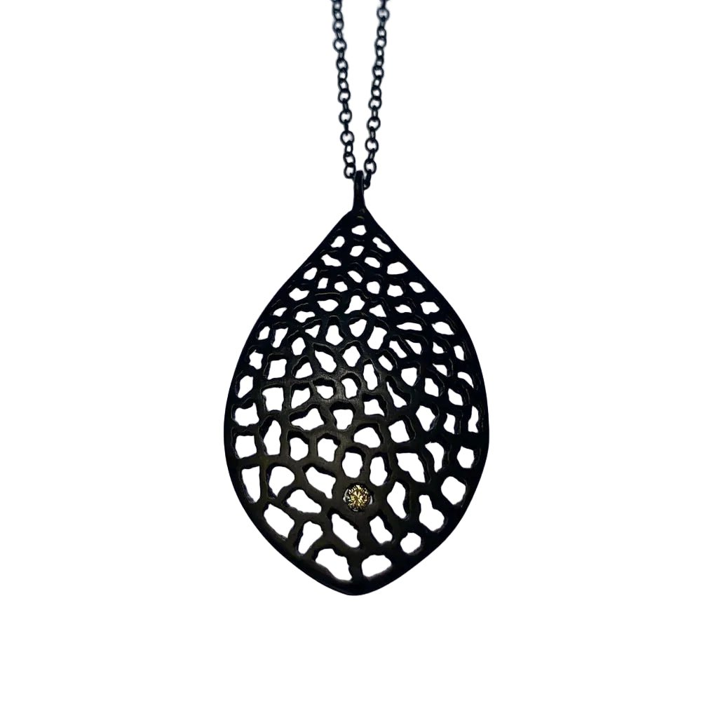 Large Lacy Leaf Necklace - Oxidized Silver + Diamond - KMJ Made By Branch Jewelry - Necklaces
