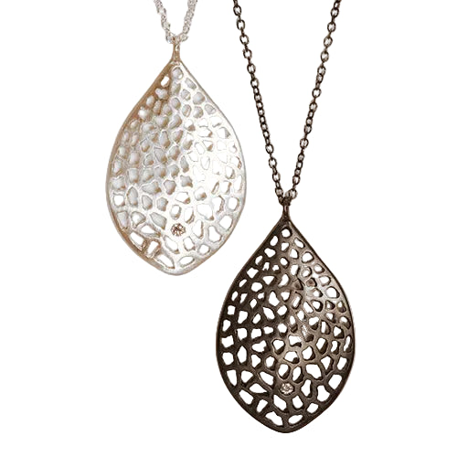Large Lacy Leaf Necklace - Silver + Diamond