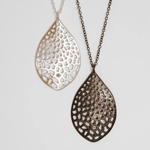 Large Lacy Leaf Necklace - Oxidized Silver + Diamond