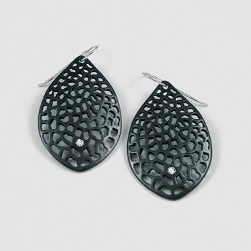 Large Lacy Leaf Earrings - Oxidized Silver + Diamond