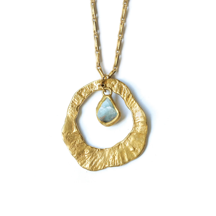 Whirlpool Long Chain  Solo Pendant - Brass + Aquamarine