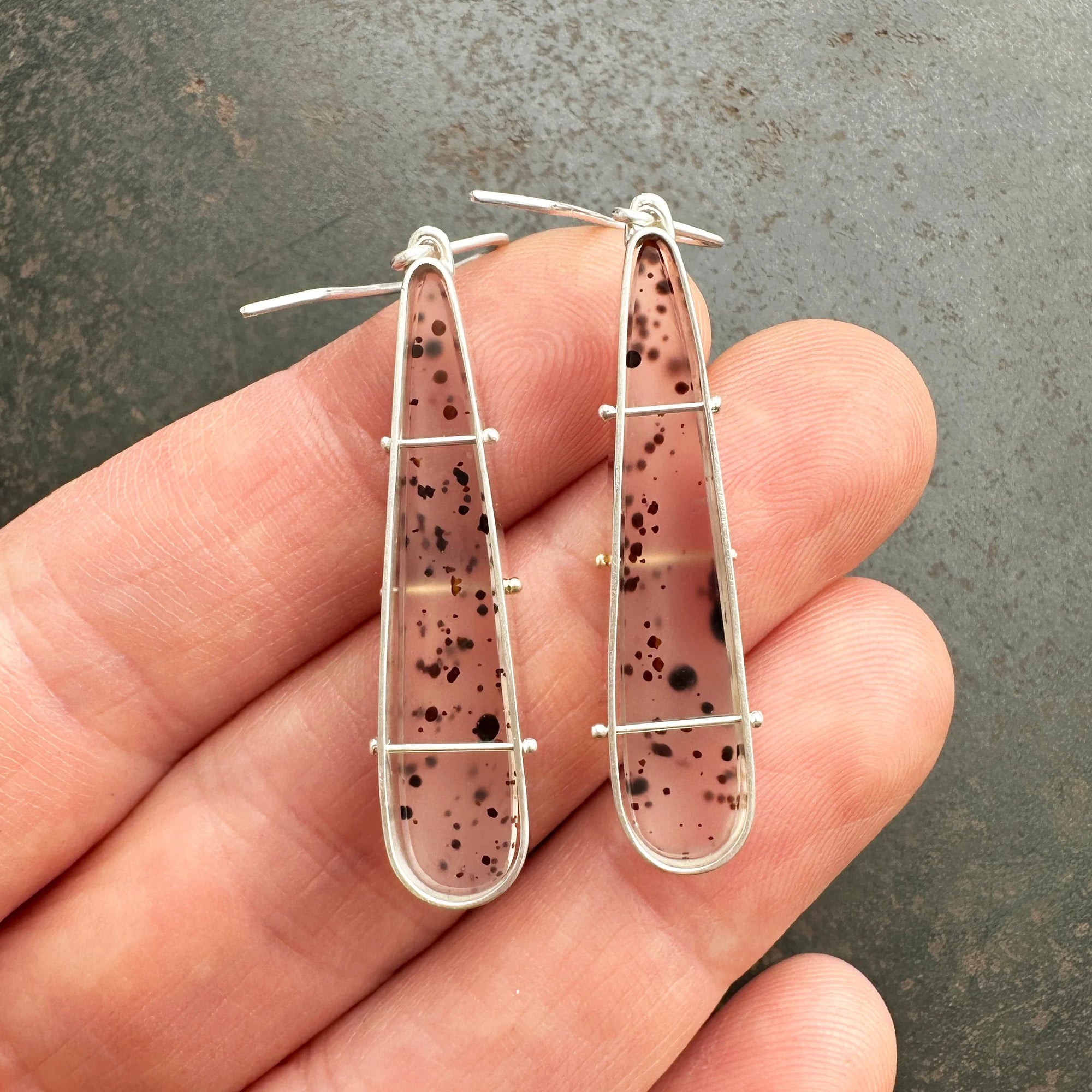 Montana Agate Speckled Earrings - Sterling Silver, 14k Gold + Black Speckled Montana Agate