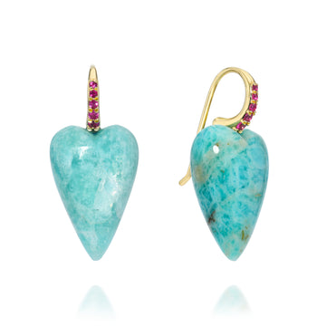 Heart Drop Earrings - Amazonite, Sapphires + 14k Gold