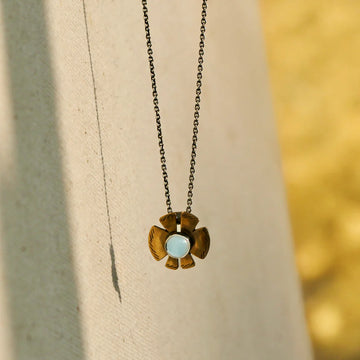 Petite Flora Necklace - Oxidized Brass, Sterling Silver + Blue Moonstone Glass