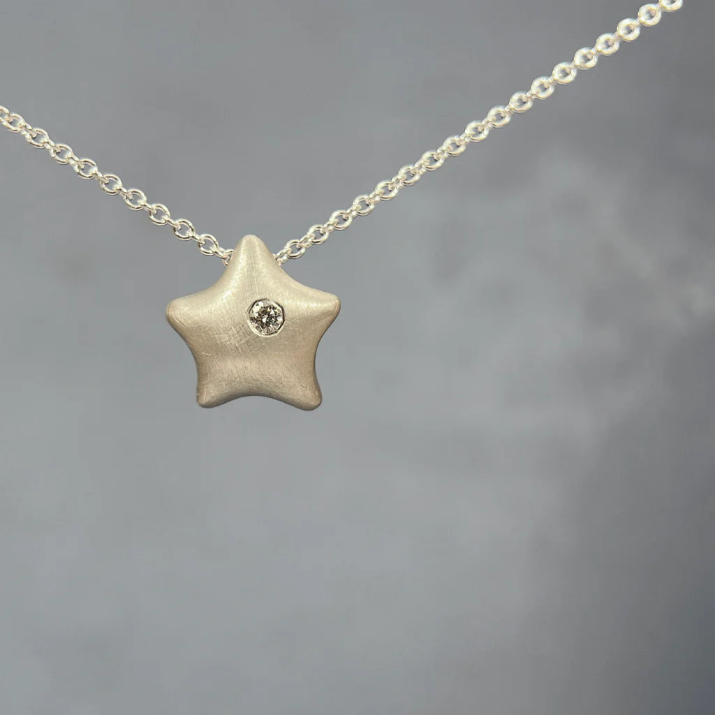 Puffy Starfish Necklace - Silver + Diamonds