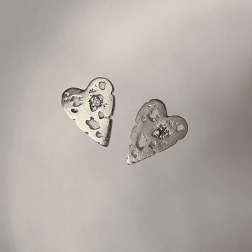 Mini Shadow Heart Post Earrings - Silver + Diamond