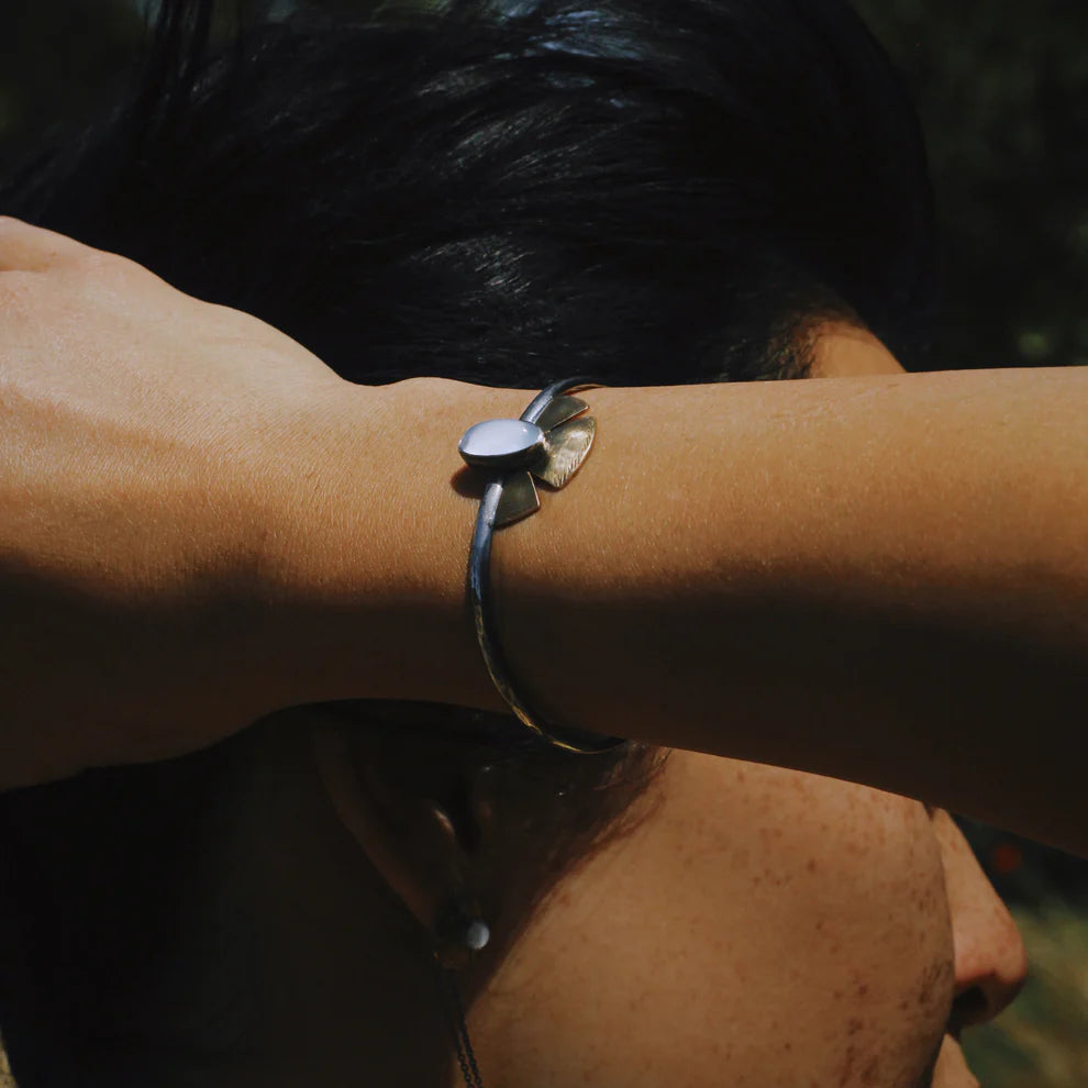 Solis Cuff - Oxidized Brass, Sterling Silver + Blue Moonstone Glass