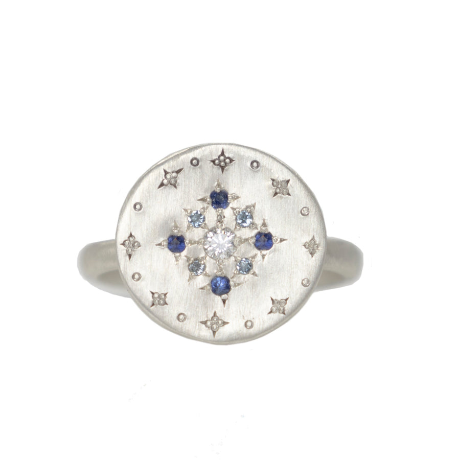 Diamond + Sapphire Engraved Ring - Sterling Silver, Sapphire + Diamond