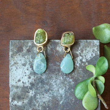 Calm Waters Earrings - Brass, Aquamarine + Green Garnet