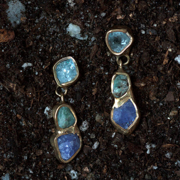 Woodland Earrings - Brass, Aquamarine, Emerald + Tanzanite