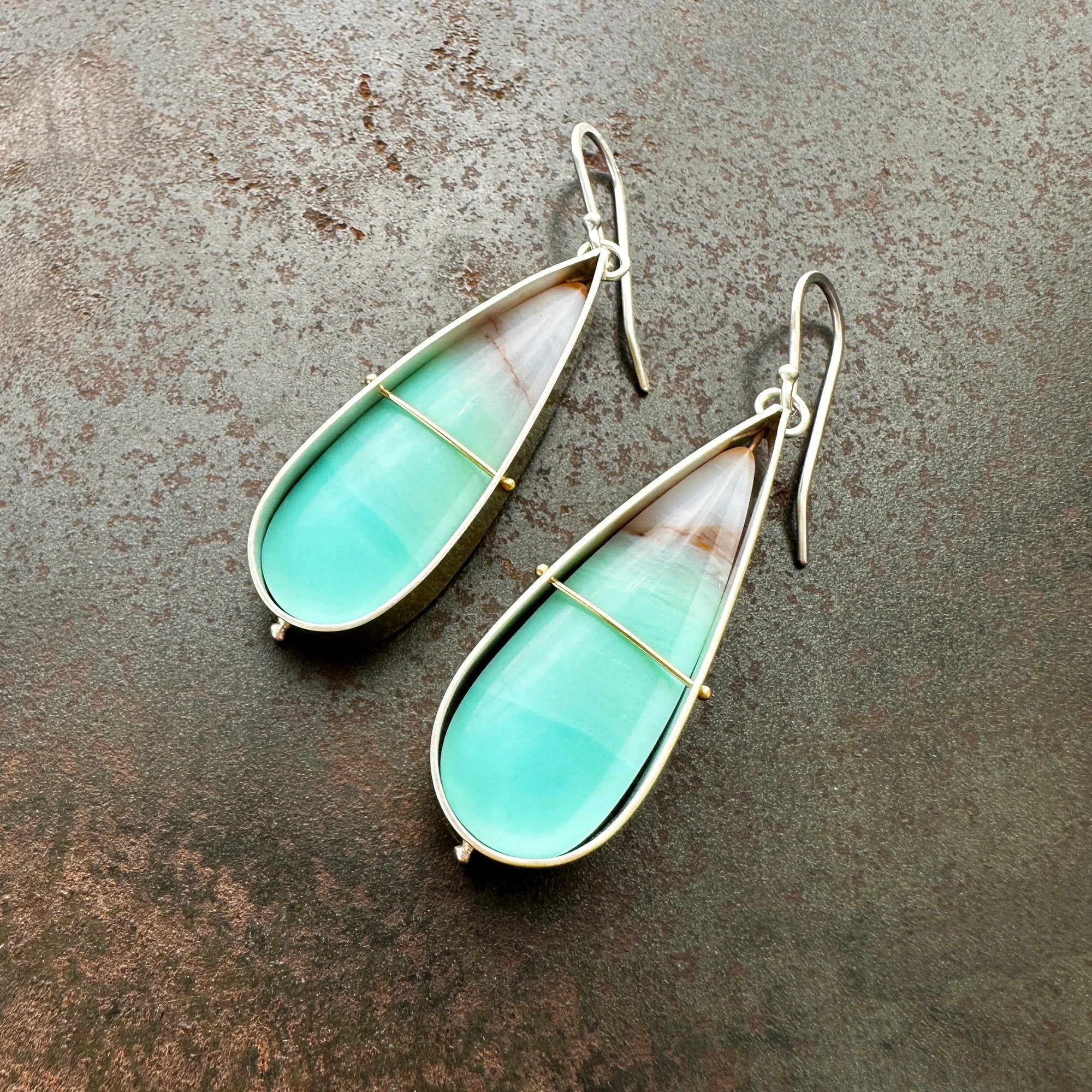 Captured Opalized Wood Teardrop Earrings - 18k/14k Gold + Sterling Silver