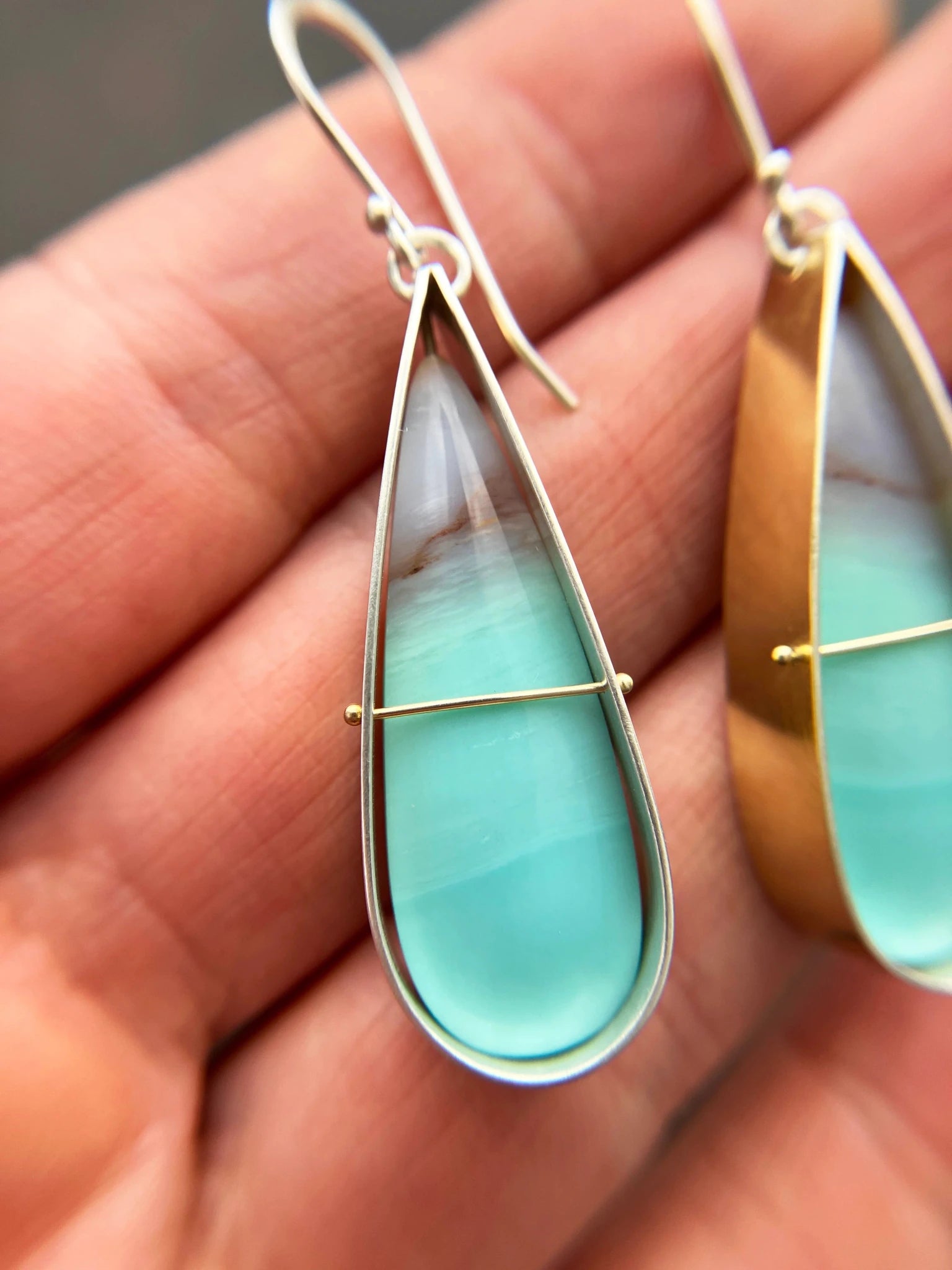 Captured Opalized Wood Teardrop Earrings - 18k/14k Gold + Sterling Silver - KMJ Hilary Finck Jewelry - Earrings