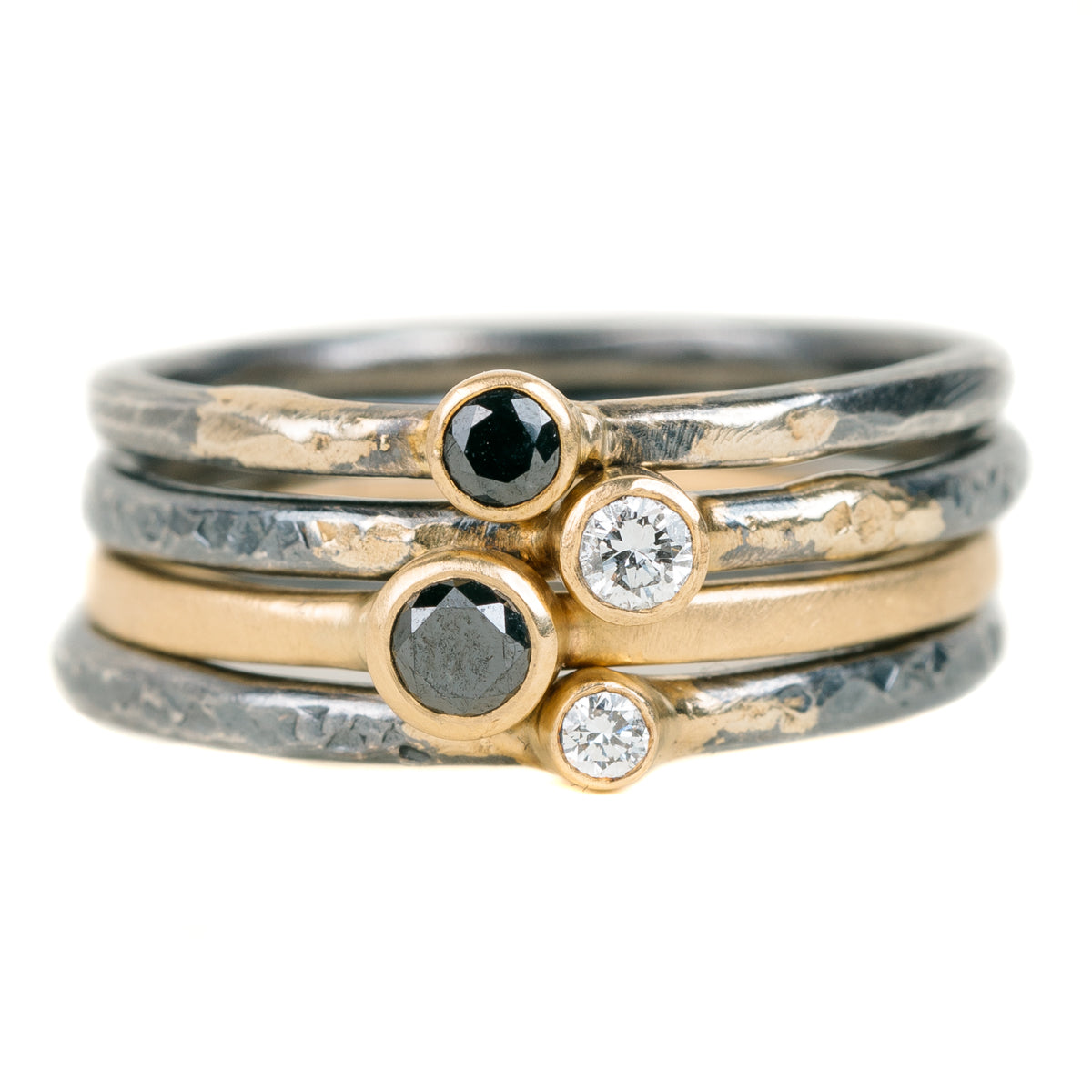 Shine On Birthstone Stackers- 18k Gold, Oxidized Silver + Reclaimed VS Diamonds, Black Diamonds