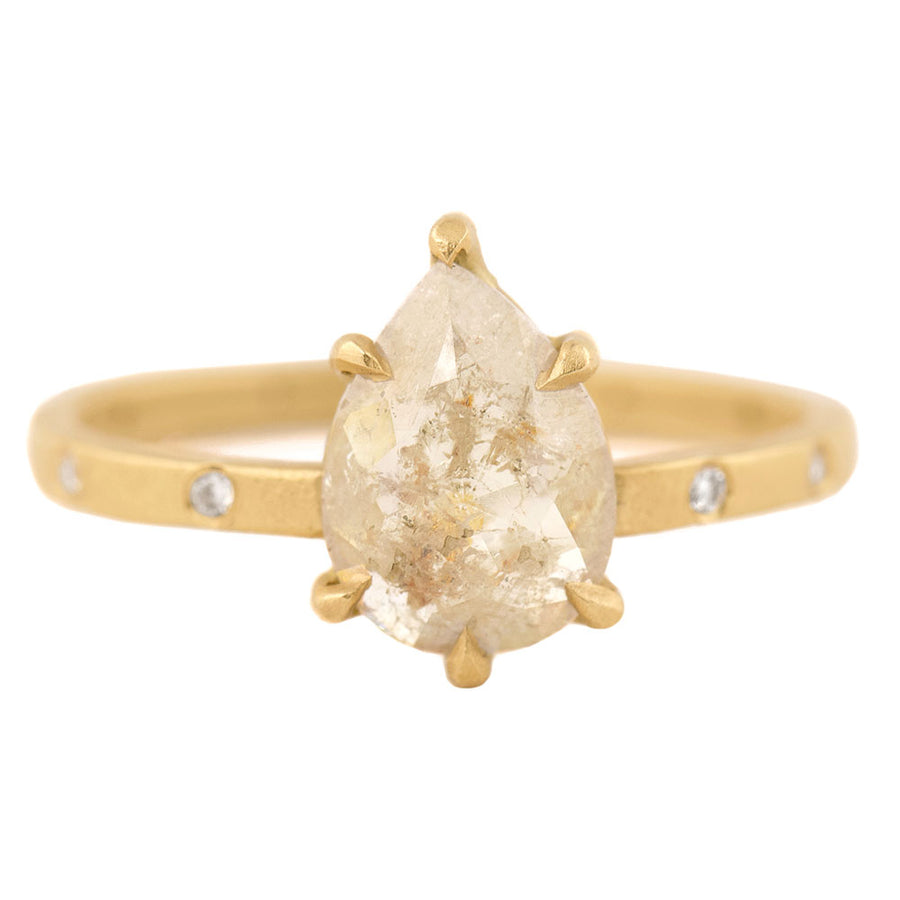Rose Cut Pear Diamond Ring with Burnish Set Diamonds  - 18k Gold