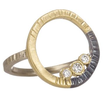 Turning Aspen Ring- 18ky Gold, 14kpw Gold, Oxidized Silver + Reclaimed Diamonds