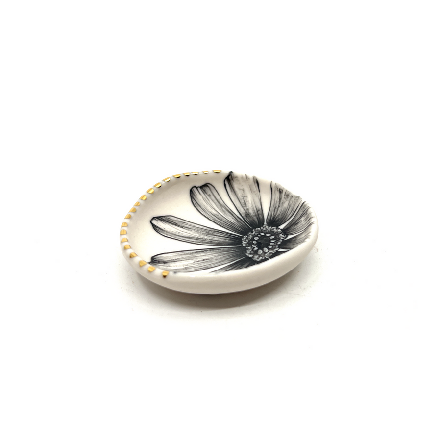 Flower + Half Gold Ribbed Rim Ring Dish