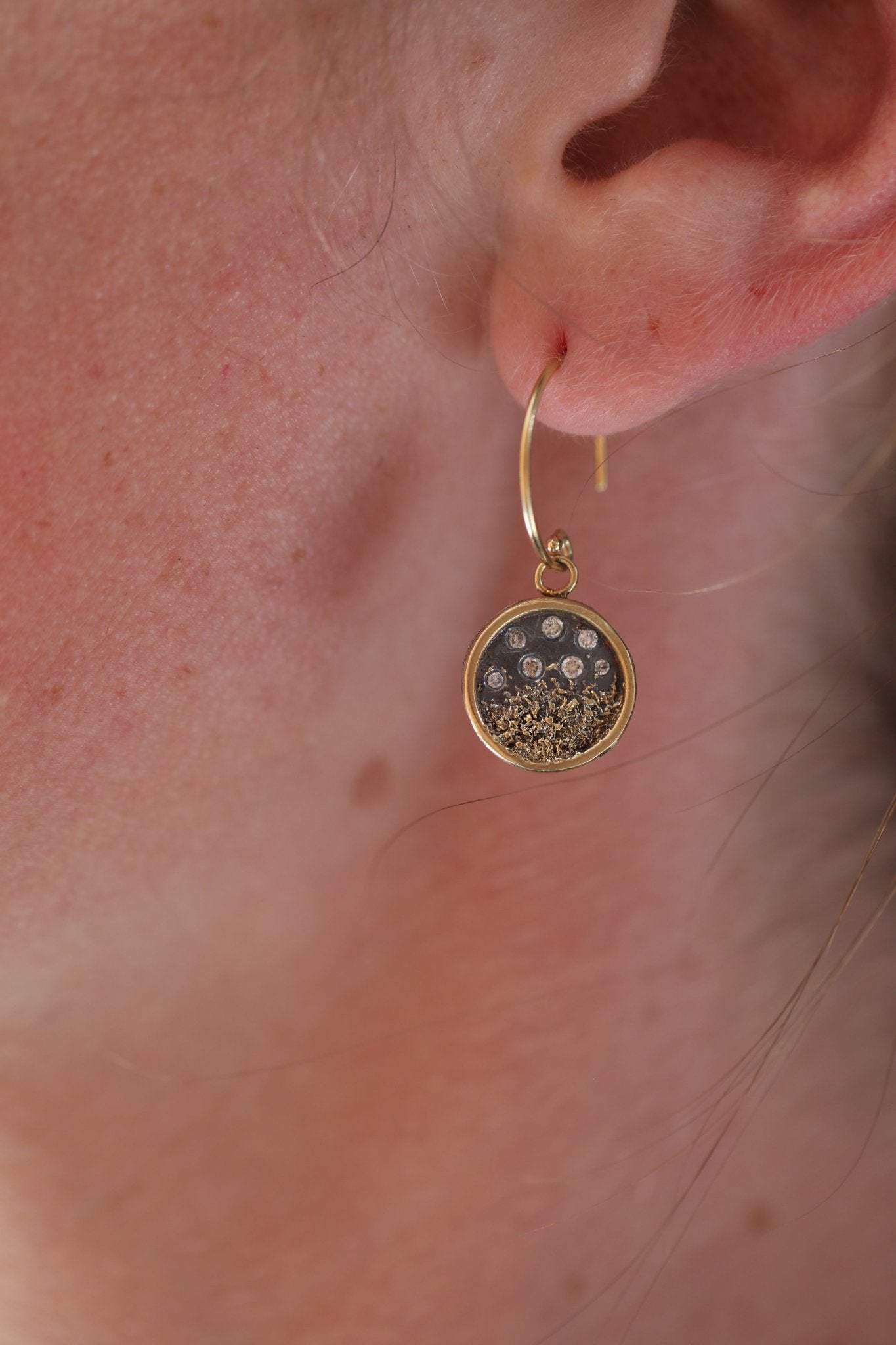 Traveler’s Coin Earrings - 22ky gold dust, 18k Gold, Oxidized Silver + Reclaimed Diamonds - KMJ Kate Maller Jewelry Jewelry - Earrings