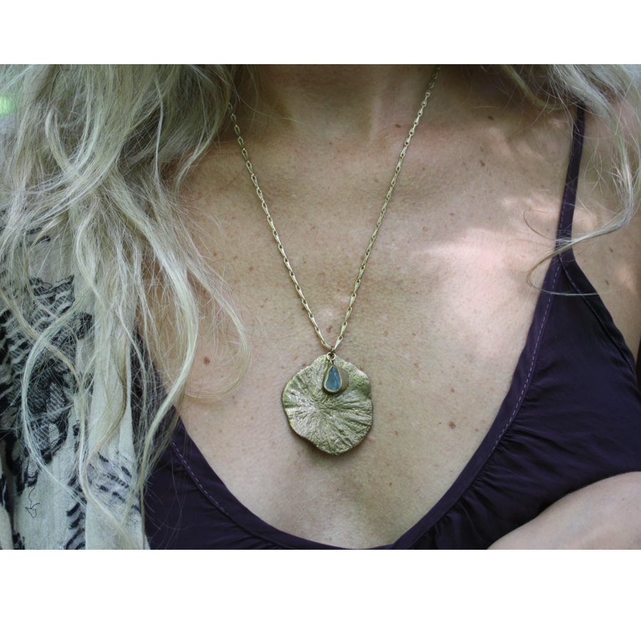 Sand Dollar Pendant Necklace - Aquamarine + Brass