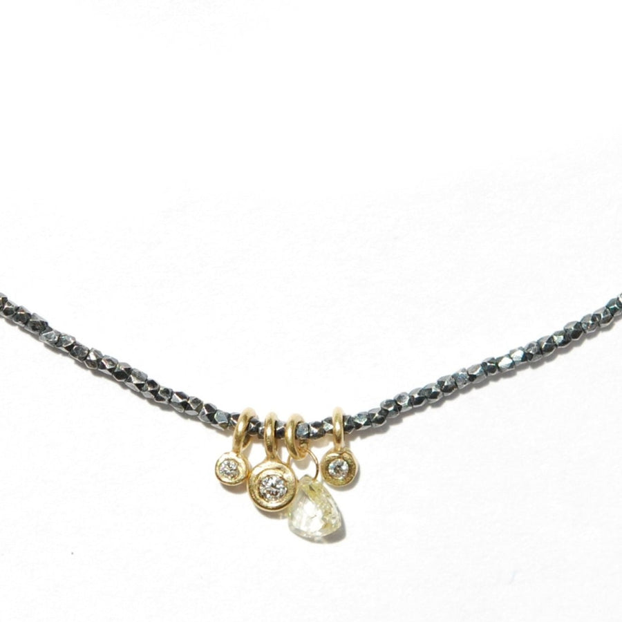 Multi-Diamond Charm on 18k Gold + Silver Beaded Necklace - 14k Gold, Silver + Diamonds