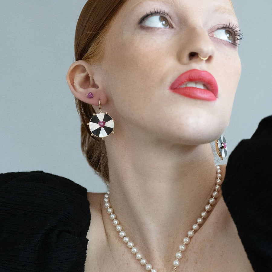 Bullseye Heart Earrings - 14k Gold + Onyx + Mother of Pearl + Ruby