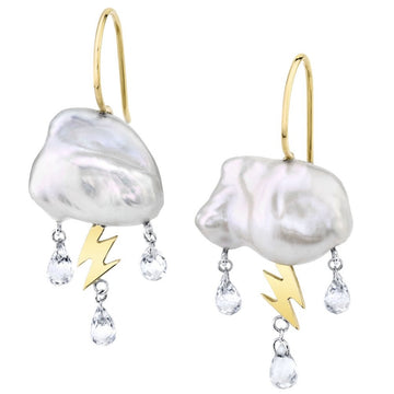 Petite Storm Cloud Earrings - 14k Gold, White Keshi Pearl + White Topaz