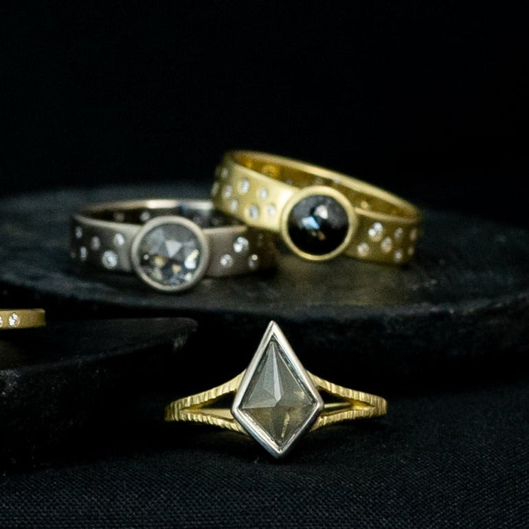 OOAK Kite Shaped Grey Diamond Ring + Split Shank - 18k Gold + 18k Palladium White Gold + Diamonds