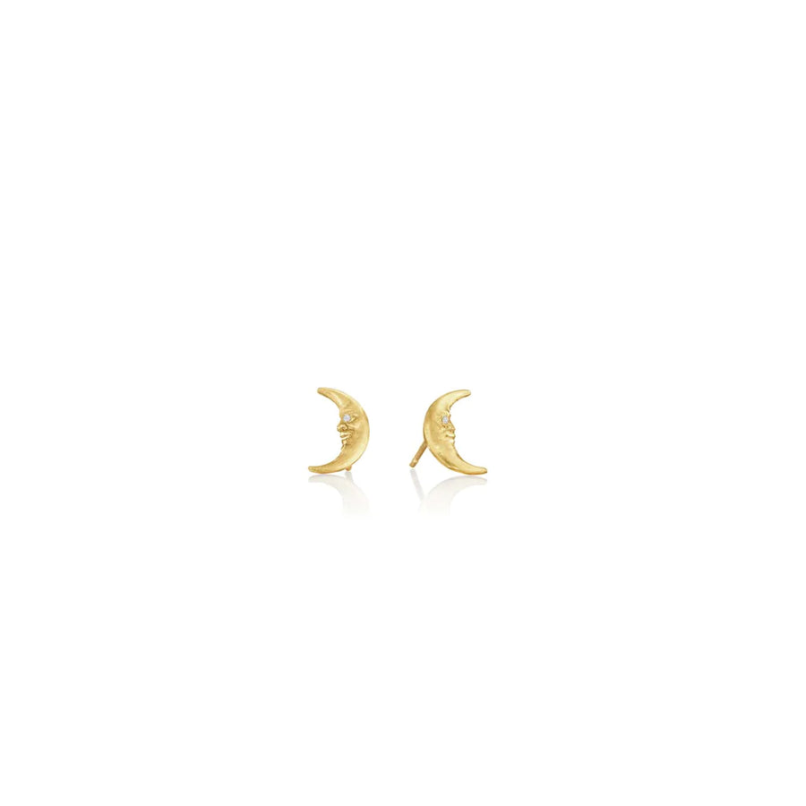 Tiny Crescent Moonface Studs - 18k Gold + Diamonds