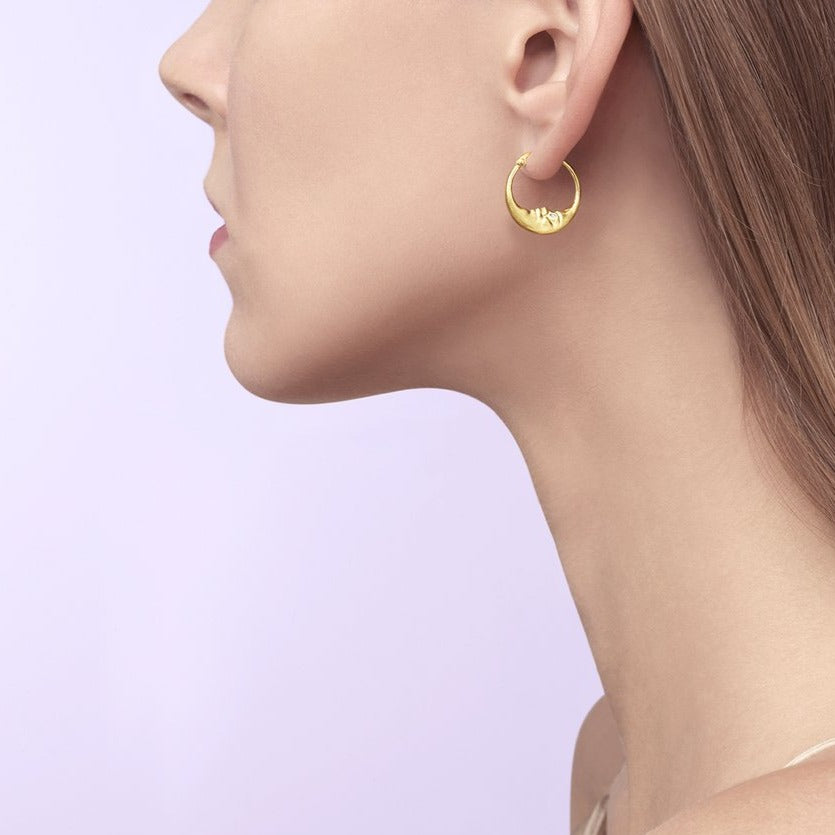 Small Crescent Moon Hoop Earrings - 18k Gold + Diamonds