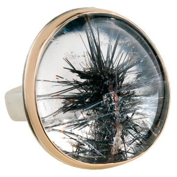 Hematite in Quartz Ring - Sterling Silver + 14k Gold