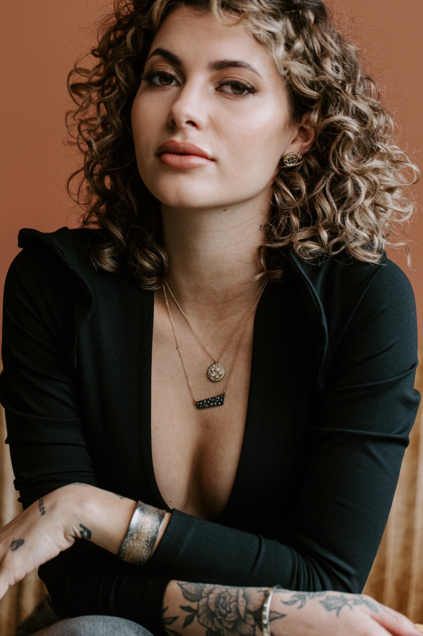 Black + Gold Scattered Diamond Necklace on 14k Gold Chain - 18ky, Oxidized Silver + VS Diamonds - KMJ Kate Maller Jewelry Jewelry - Necklaces