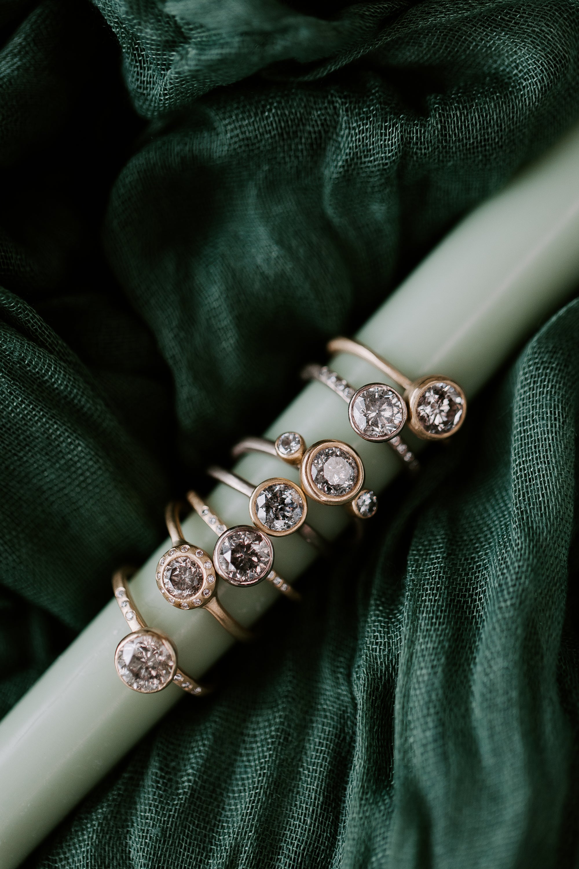 Legacy Diamond Ring - Salt + Pepper Brilliant Cut Diamond set in an 18ky Gold Extra Heavy Bezel with VS Side Diamonds on a 14kpw Gold Band