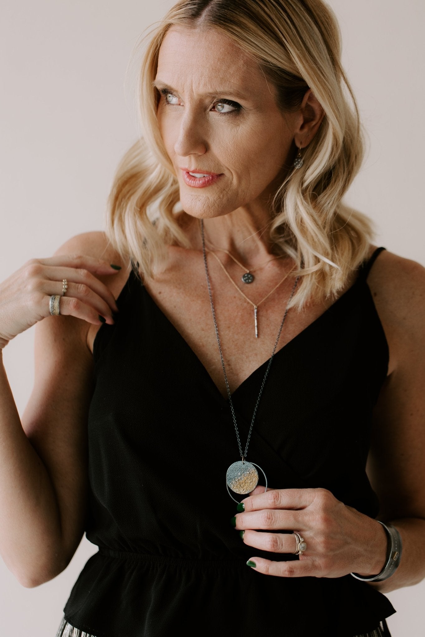 Black + Gold Disc Necklace on 14k Gold Chain - 14k Gold, Oxidized Silver + VS White Diamonds - KMJ Kate Maller Jewelry Jewelry - Necklaces