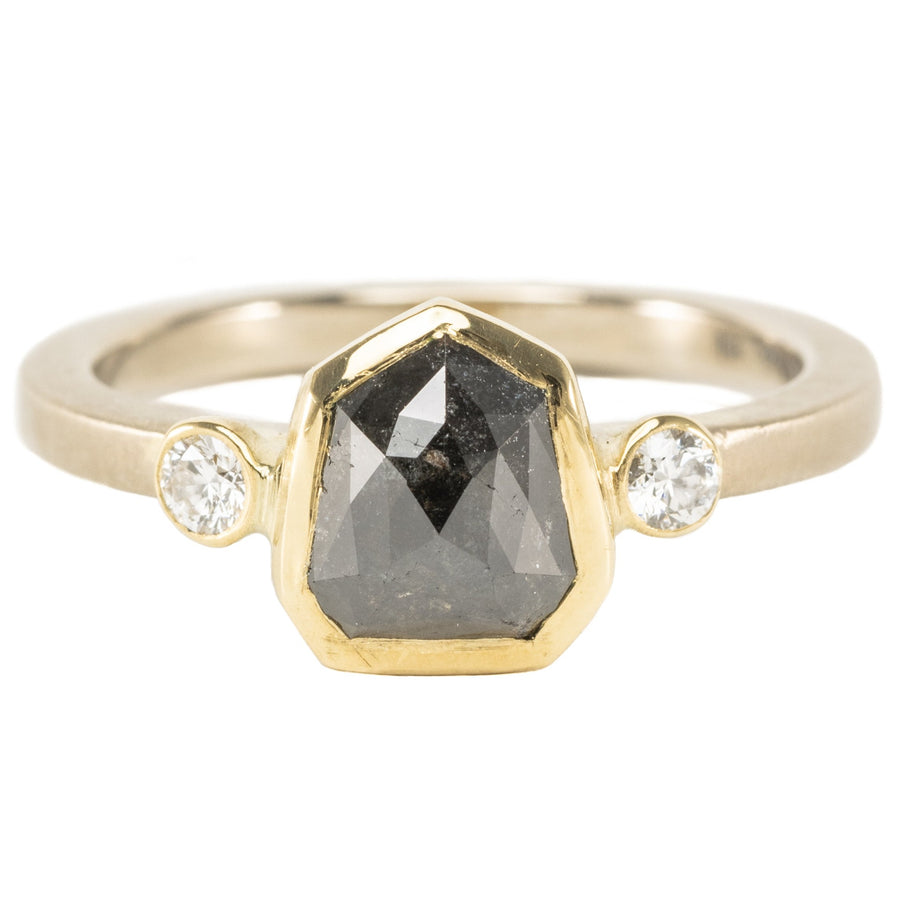 OOAK Shield Shaped Rose Cut Black Diamond Ring + VS Accents - 18k Palladium White Gold + 18k Gold + Diamonds  6.5
