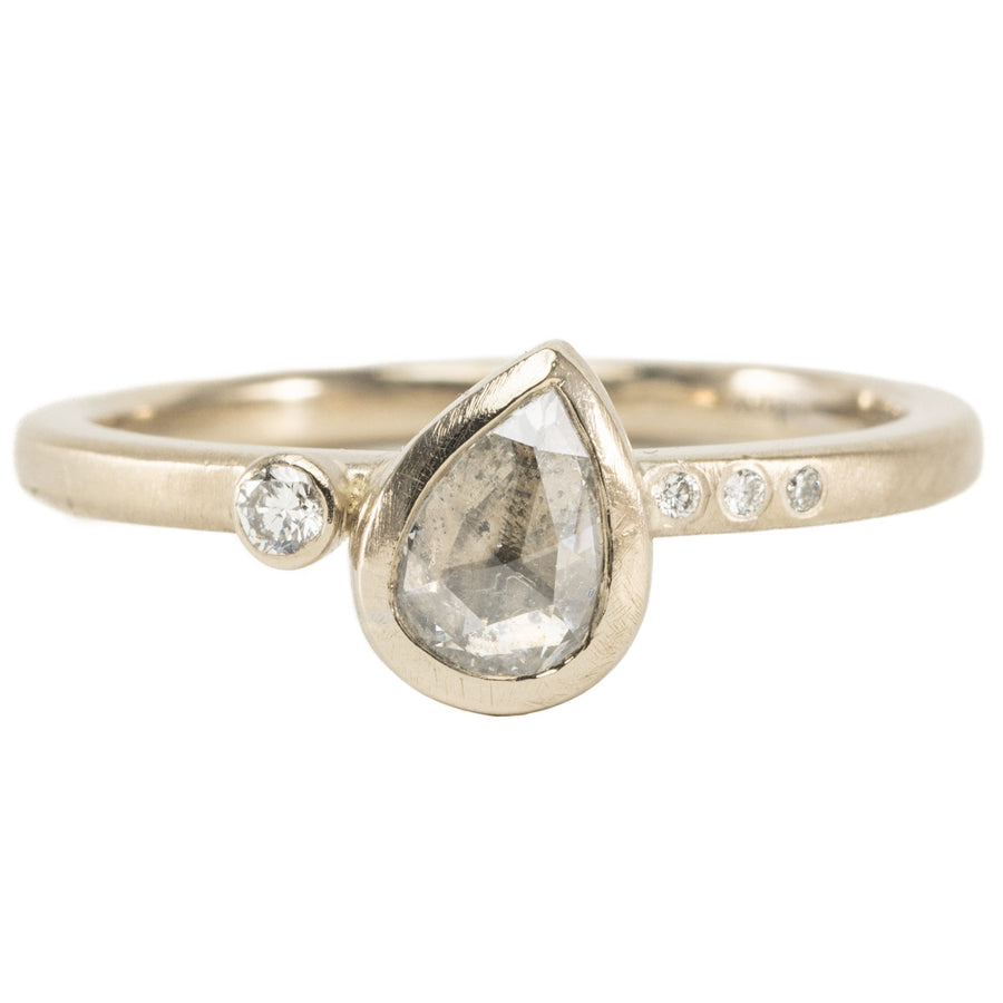 OOAK Pear Shaped White Diamond Ring + VS Accents - 14kpw Gold + Diamonds