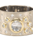 OOAK Round Rose Cut White Diamond Wide Band + Scattered Rose Cut + VS Diamonds - 18k Palladium White Gold + 18k Gold + Diamonds