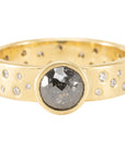 OOAK Round Rose Cut Black Diamond Ring + Scattered VS Diamonds - 18k Gold + Diamonds  6.75