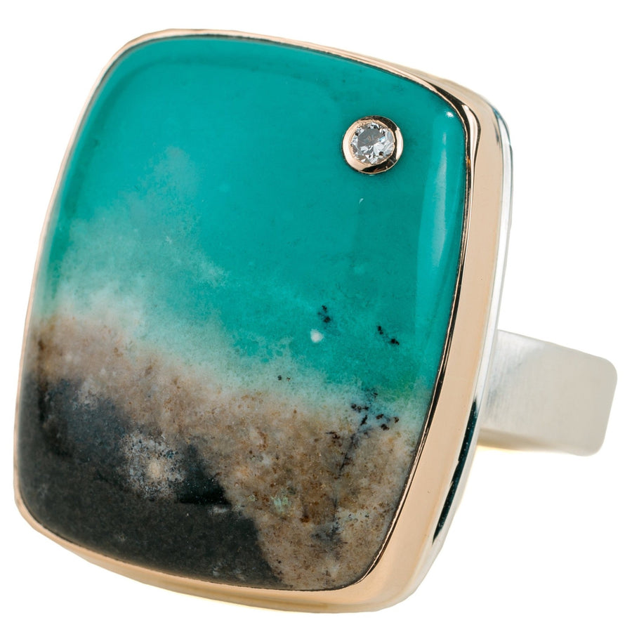 Blue Indonesian Fossilized Opalized Wood + Diamond Ring - Sterling Silver + 14k Gold