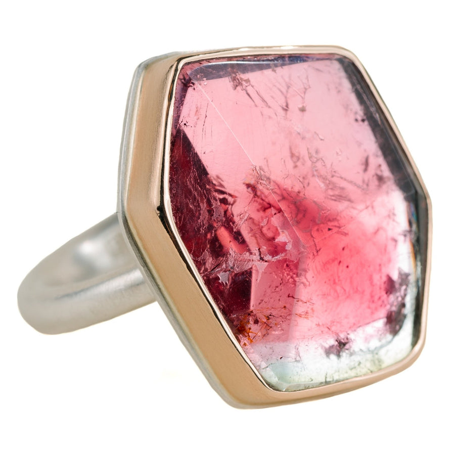 Watermelon Tourmaline Ring - Sterling Silver + 14k Gold