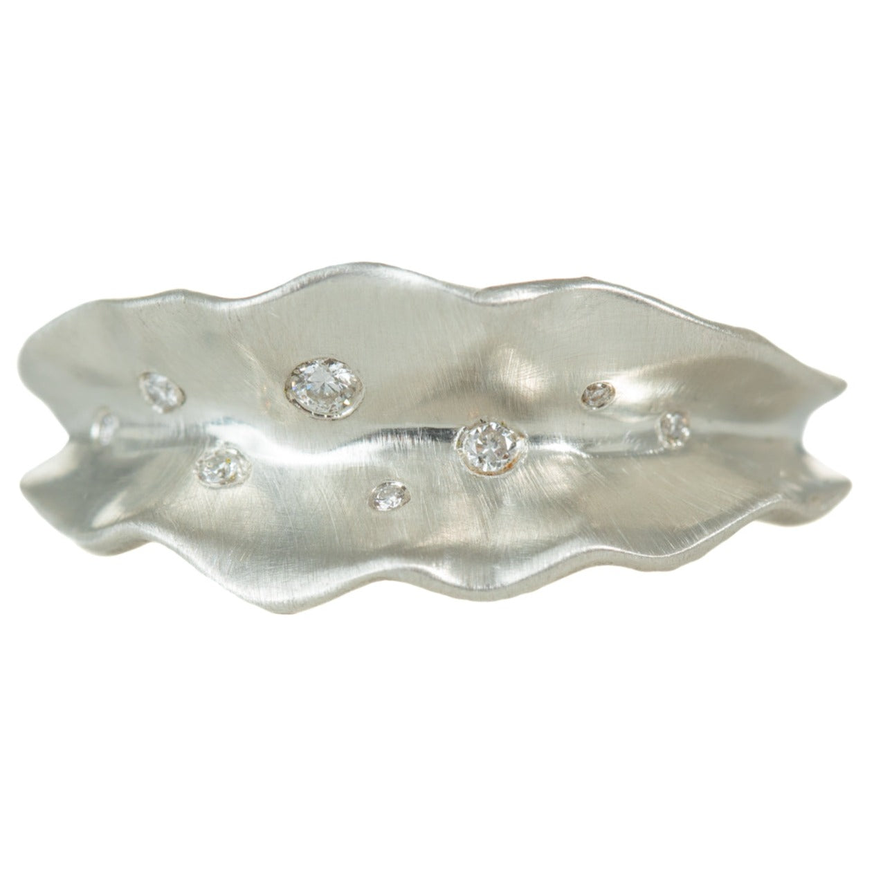 Thin Ruffled Leaf Ring in Silver + Diamonds