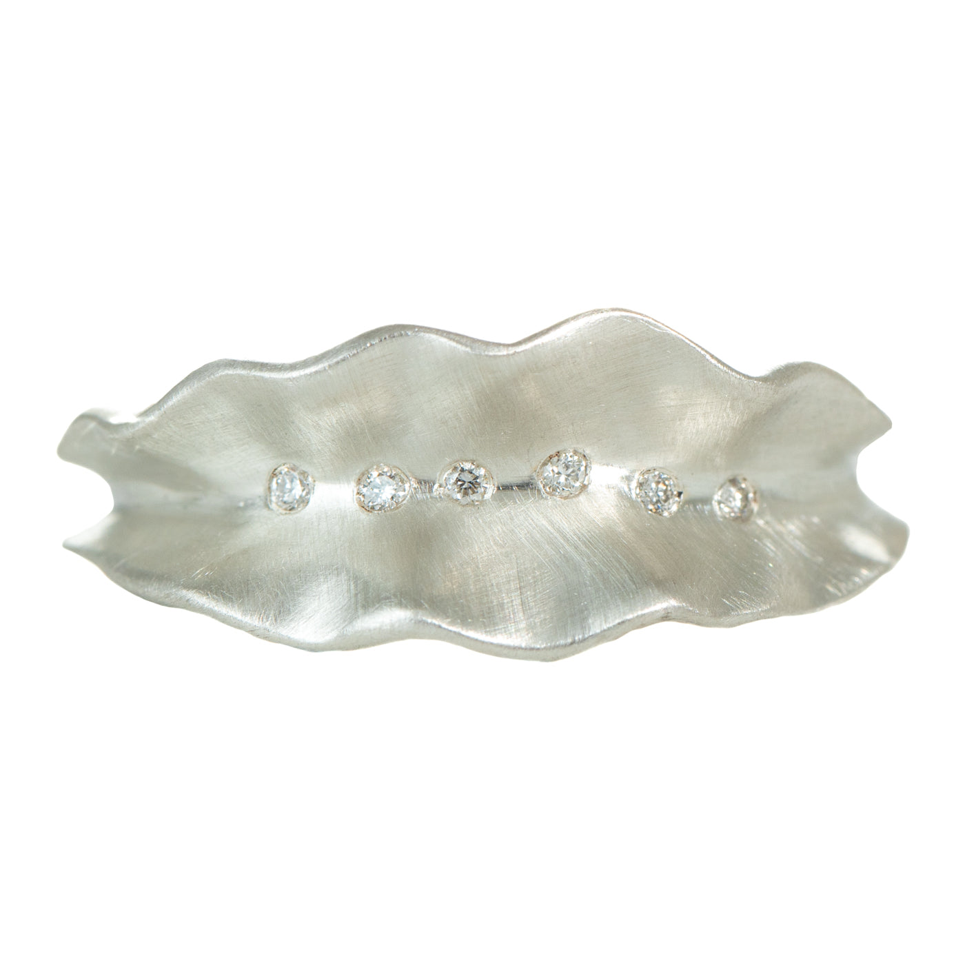 Thin Ruffled Leaf Ring in Silver + Diamonds