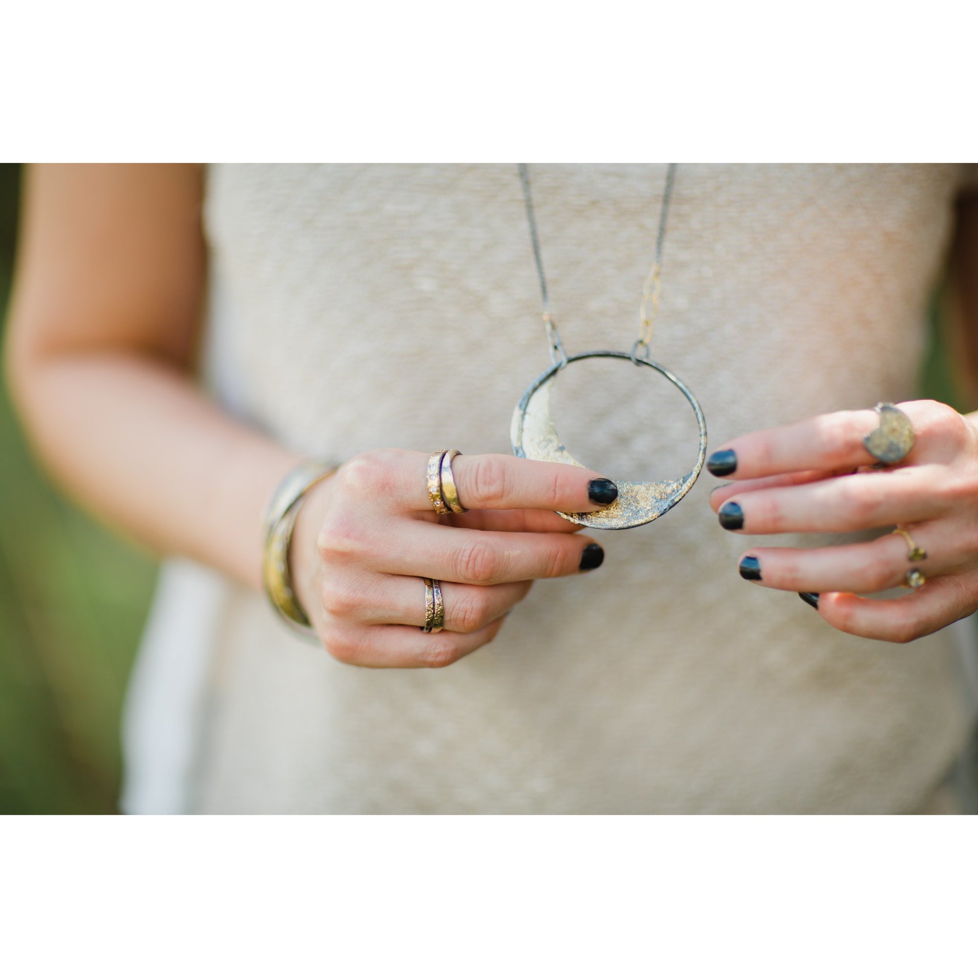 Black Moon Stackers in Skinny Width - 18ky Gold + Oxidized Silver
