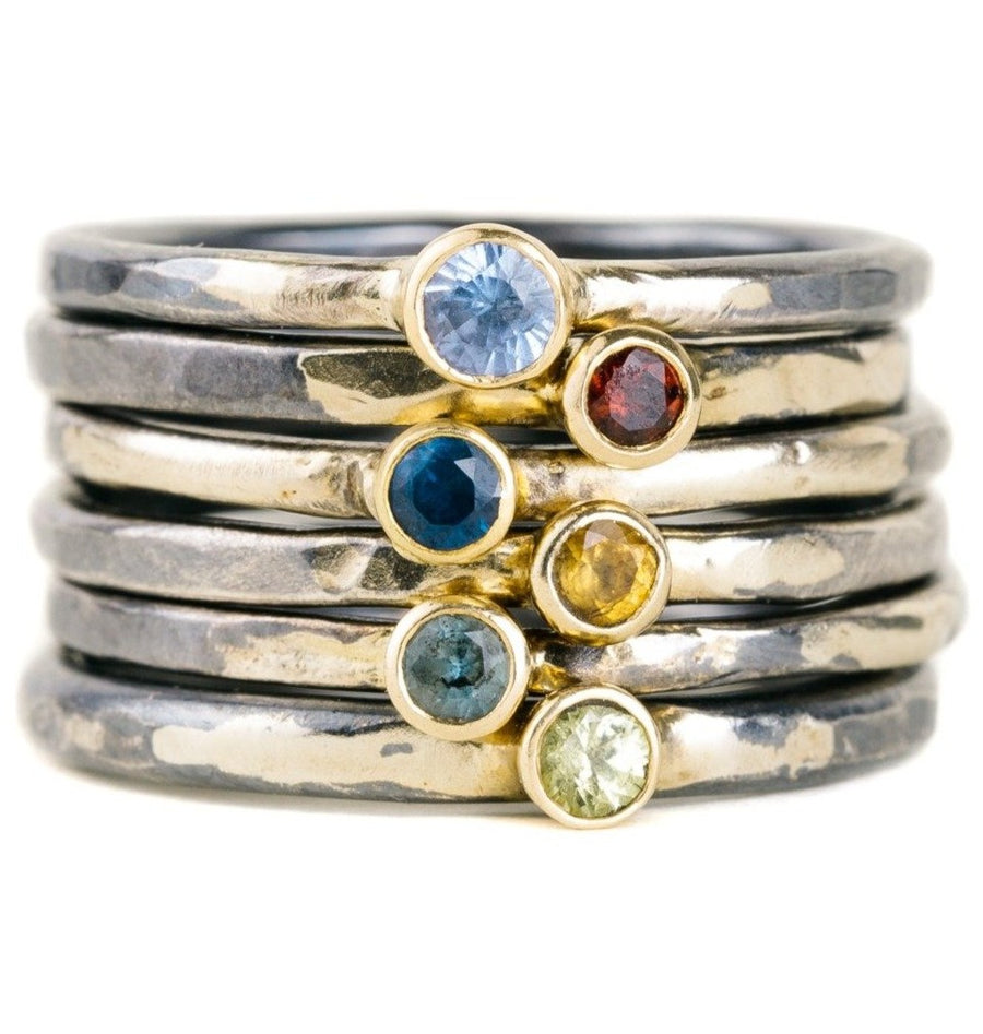 Shine On Birthstone Stackers- 18k Gold, Oxidized Silver + Ethically Sourced Colored Gemstones