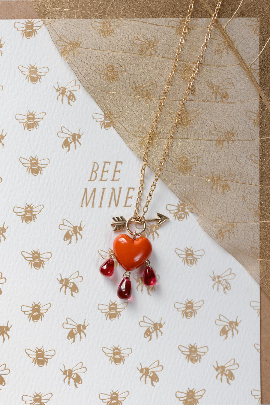 Bleeding Heart Necklace - 14k Gold + Coral + Ruby
