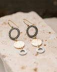 Black + Gold Triple Drop Scattered Diamond Earrings - 18ky Gold, Oxidized Silver + VS Diamonds